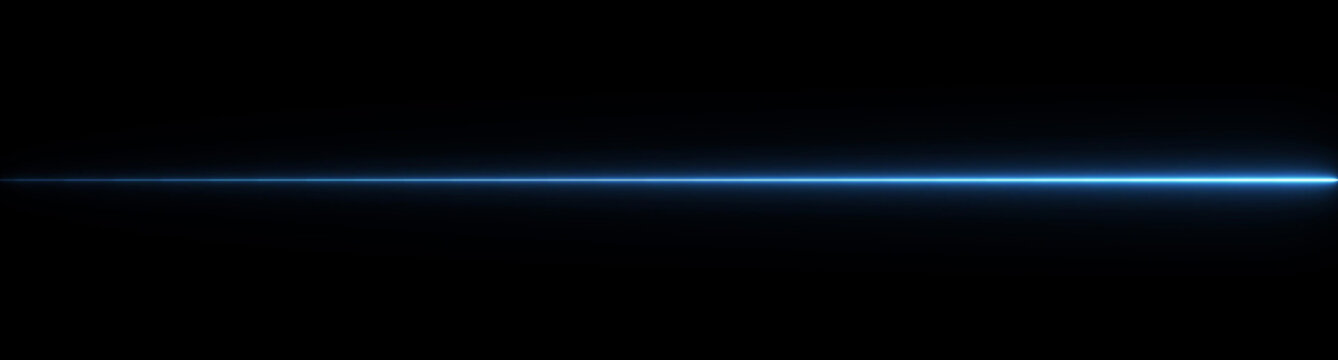 Thin horizontal glowing blue laser beam line centered against a solid black background creating a futuristic neon light streak effect