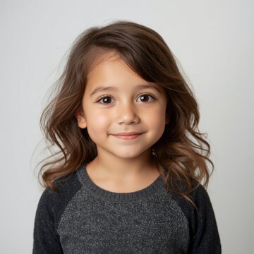 A young girl with wavy brown hair and warm brown eyes smiles gently against a plain light background.