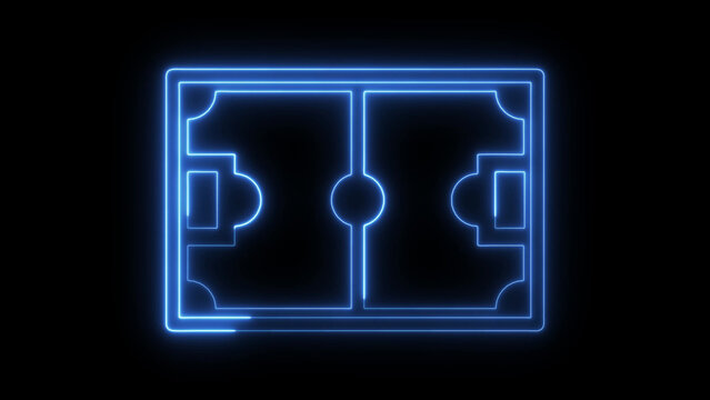 Glowing blue neon light of a rectangular soccer pitch layout with rounded corner markings on a deep black background for sports analysis