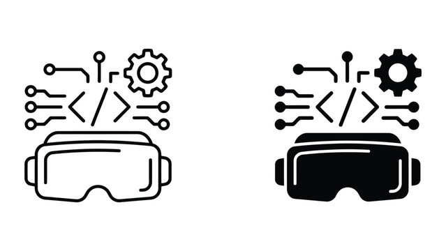 Virtual reality development coding icon set with programming, development