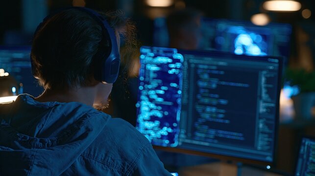 Over-the-shoulder faceless view of a developer at a screen with colorful code in a dim office at night
