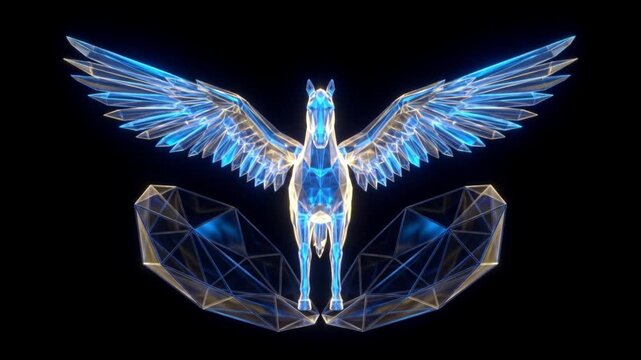 幾何学的なサナギから羽化し翼を広げる結晶のペガサス。暗黒空間で発光する二光子励起顕微鏡風の高精細CG映像