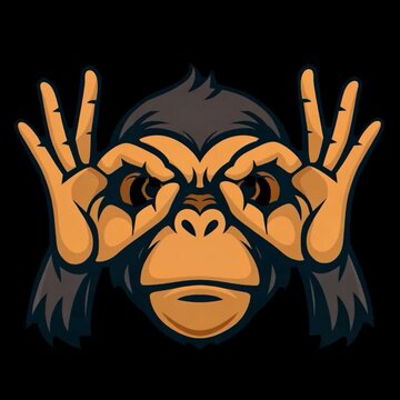 Funny chimpanzee making goggles with hands mascot logo animation without background