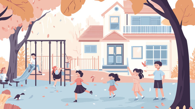 Children play outdoors in autumn scenery near house
