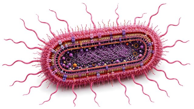 Salmonella Typhi Bacterium Cutaway Cross Section with Internal Cellular Structure 3D Medical Illustration