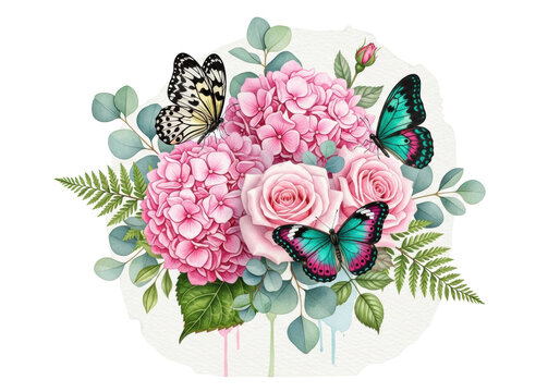 Hyperrealistic studio photograph of a watercolor bouquet with pink hydrangeas, roses, green foliage, and two detailed butterflies on transparent, elegant artistic precision