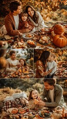 Obraz premium Happy Family Enjoying Thanksgiving Dinner Outdoors in Autumn.