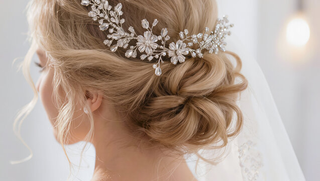 Bride with an elegant updo hairstyle featuring a crystal hairpiece and veil. Concept of wedding preparation, bridal beauty styling, celebration, and romantic ceremony preparation