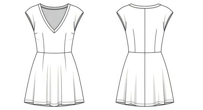 Technical Drawing of V Neck Flared Dress Design.