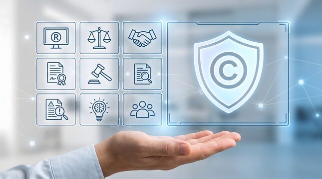 Intellectual property rights concept showing hand holding glowing copyright shield with legal protection business icons