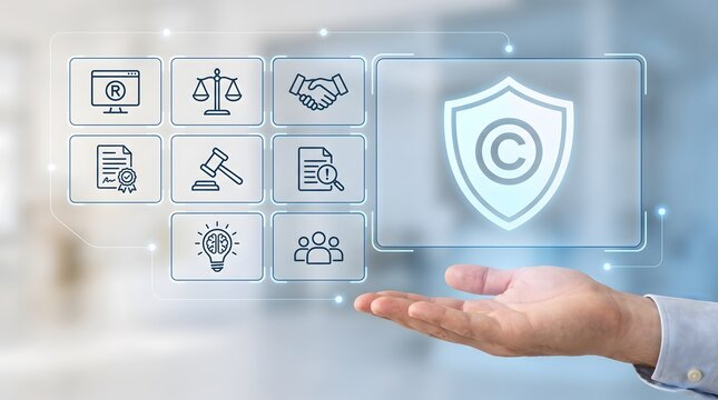 Digital copyright protection strategy featuring holographic shield for intellectual property and corporate legal compliance