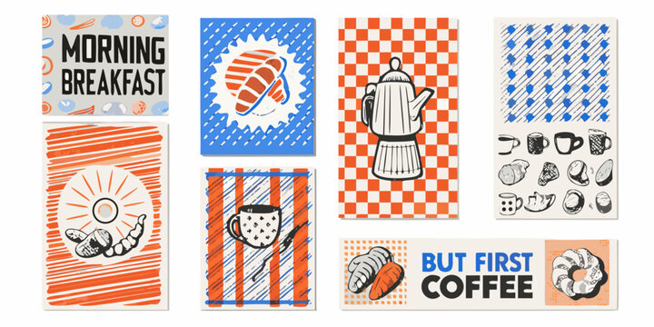 collection of retro breakfast and coffee illustrations in flat style morning meal donut egg mug percolator sandwich illustration pattern stripes