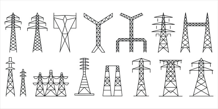 Collection of black outline electrical transmission tower representing various voltage power line pylon structures
