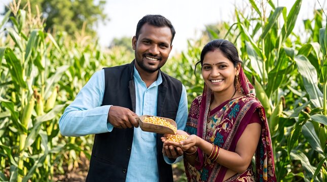 Indian Farming Couple Holding Corn In Field