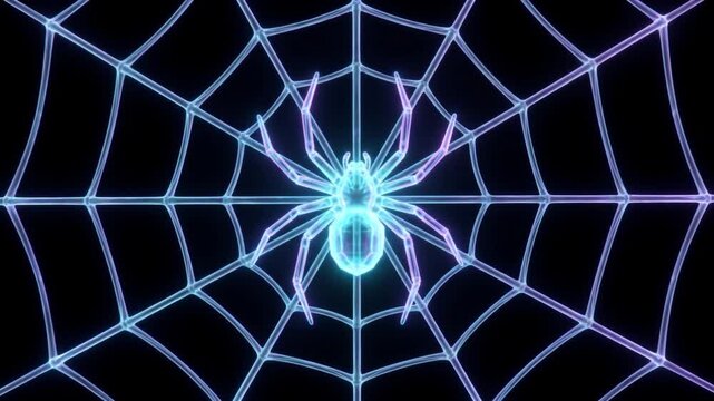 糸を吐き巣を完成させる結晶のクモ。暗黒空間で発光する二光子励起顕微鏡風の高精細CG映像