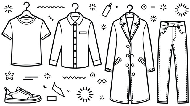 Clothing line icons featuring casual T-shirt, formal shirt, winter coat, denim pants, hangers, and apparel tags for fashion design.