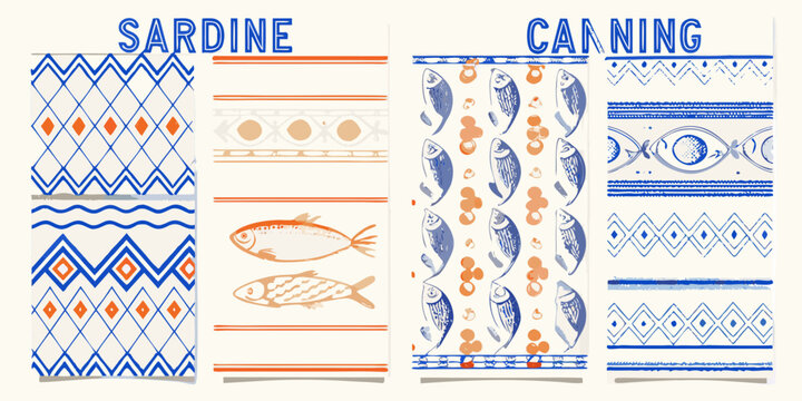 sardine canning retro style vector illustration set with blue orange patterns seafood fish pattern design graphic element food marine packaging