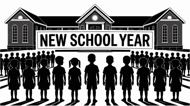 Black and white illustration of students standing in front of school building