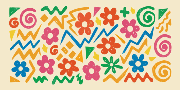 hand drawn abstract pattern with colorful flowers and shapes hand drawn zigzag spiral triangle flower shape artwork illustration vector design graphic