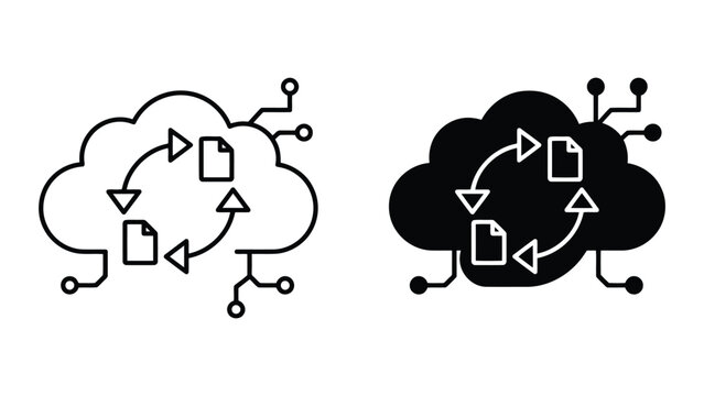Cloud data sync and file storage technology icons with download, technology