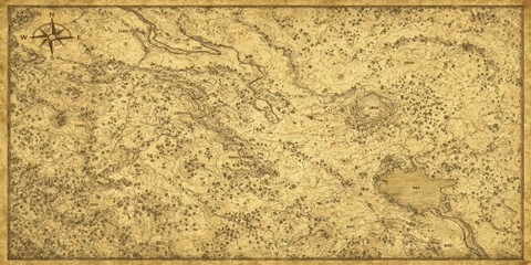 Vintage style aged parchment paper with detailed hand drawn world map parchment cartography exploration navigation geography detailed nautical background discovery landmarks topography © MOHAMAD