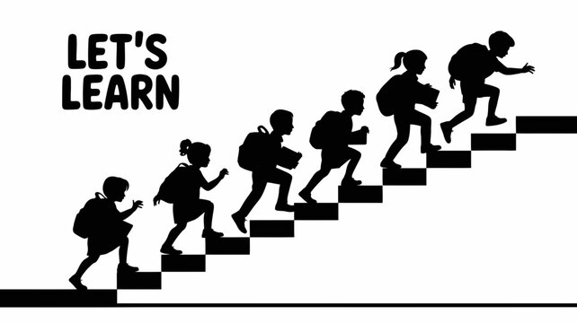Silhouette of people climbing stairs with let's learn text