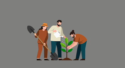 Fototapeta premium Group of people working together to plant a small tree in the garden.