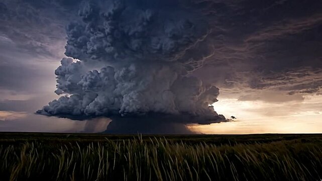 Massive supercell thunderstorm cloud formation looming over a vast prairie landscape in this cinematic motion video