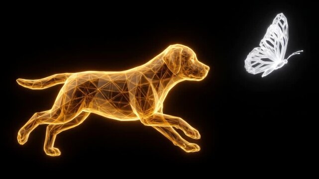 蝶を追いかけ振り返る子犬の結晶体CG。暗黒空間で発光する二光子励起顕微鏡風の高精細映像
