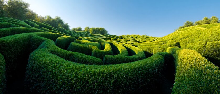 Lush green maze made from trimmed hedges.