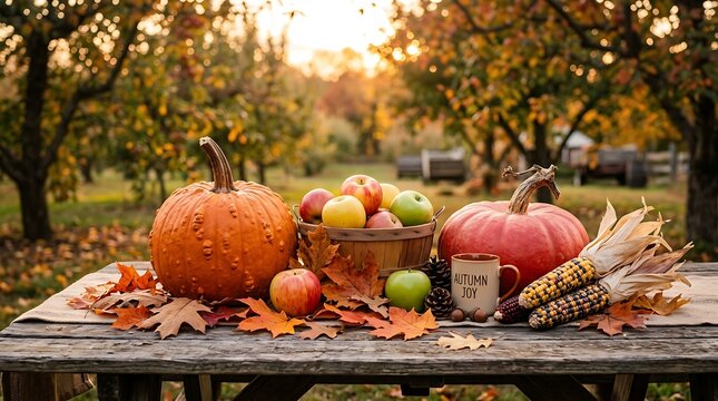 Thanksgiving day rustic wooden table setting with autumn pumpkins, basket of fresh apples, corn, and dry leaves in a beautiful garden background