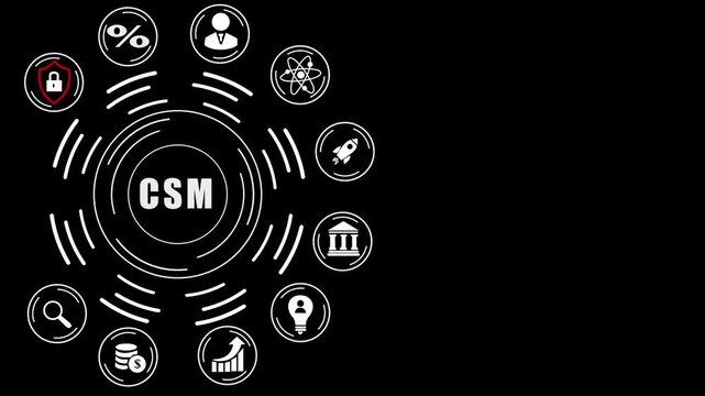 CSM acronym in center of hexagonal diagram with business icons on dark blue digital dot background, abstract circles and gears background.4k digital Animation video..