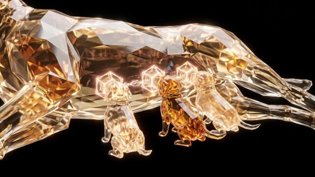 結晶体で表現されたゴールデンレトリバーの母犬と授乳する子犬。暗黒空間で発光する二光子励起顕微鏡風の高精細CG映像