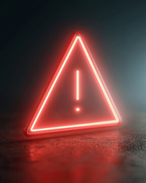Red neon triangle glows against dark background. Sharp warning symbol radiates urgency and caution. Light casts vivid reflection on textured surface. Ideal for safety, alert, or danger-themed visuals