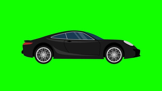 Black sport city car driving moving flat cartoon on green screen