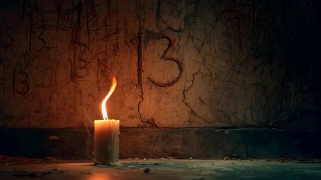 Candle flame near scratched wall 13 in apartment 13. 4K Video