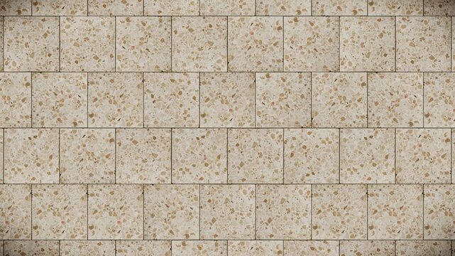 Abstract pattern background, light beige speckled terrazzo tiles, staggered brick layout, seamless loop video