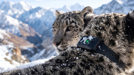 Obraz premium Wild Snow Leopard in Mountains Wearing Smart GPS Tracking Collar for Wildlife Research