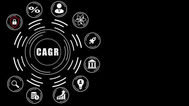 Compound Annual Growth Rate concept with icons and dot CAGR, abstract circles and gears backgrounds.4k animation loop video.