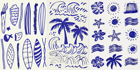 hand drawn blue summer beach doodles on white background surfboards waves palm trees sun starfish seashells fish © Dibyendu