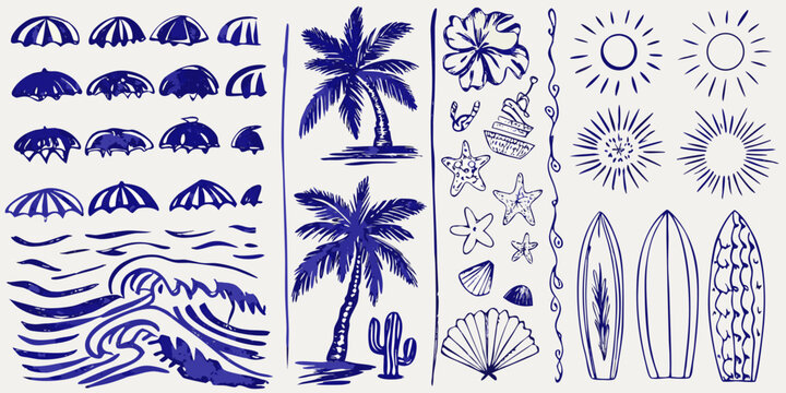 hand drawn blue summer beach doodles on white background palm tree surfboard jellyfish seashell starfish sun waves