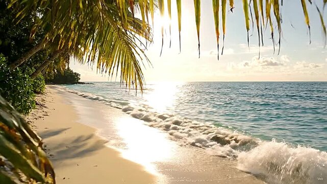 Tropical beach sunset with gentle ocean waves rolling onto white sand in this relaxing motion video