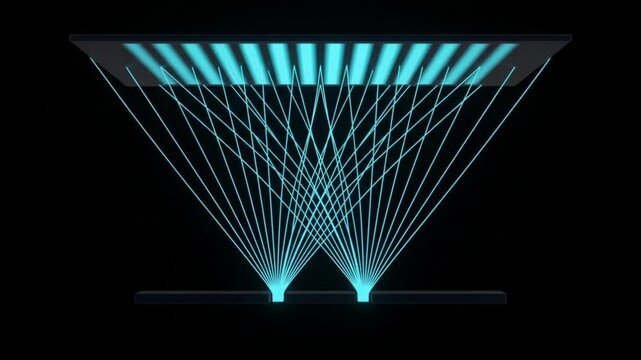 二重スリット実験における光の干渉と波紋の伝播。暗黒空間に浮かび上がる量子力学の高精細CG映像