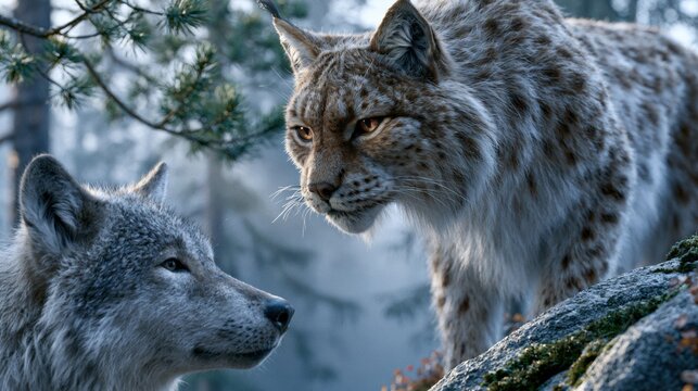 Wild animals interact in a forest setting during early morning light