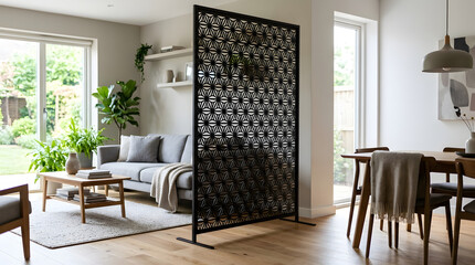 Fototapeta premium Black decorative room divider with repeating triangle pattern in a modern bright living room interior