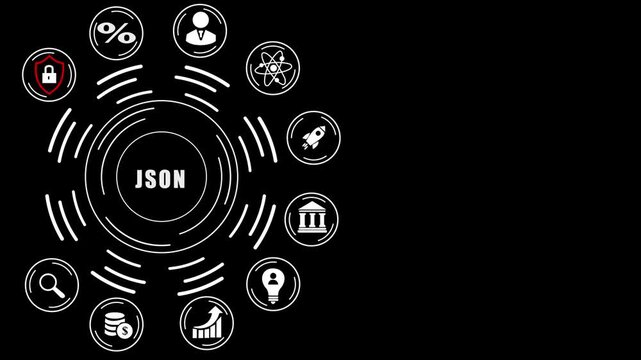 JSON acronym with business icons and dot on dark blue background JSON finance, abstract circles and gears background.4k digital Animation video
