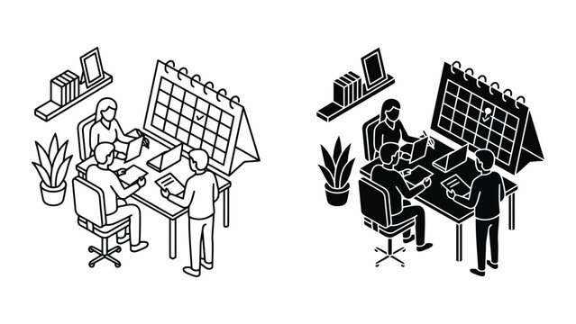 Business team planning schedule on calendar in isometric office with calendar