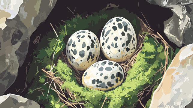 Bird eggs in nest with speckled pattern