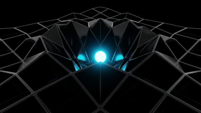 暗黒空間に浮かぶ幾何学的なエネルギー地形。量子アニーリングの最適化プロセスで光が谷底へ収束するCG映像