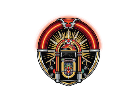Ornate Vintage Jukebox Emblem With Radiant Sunburst And Floating Musical Notes, Detailed Player Mechanism, Vector Illustration